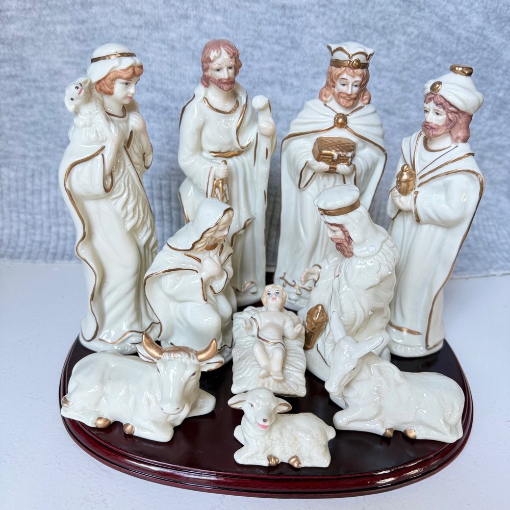 Vintage Porcelain Nativity Set 10 Piece Ivory Gold Gilt Figurines with Wood Base